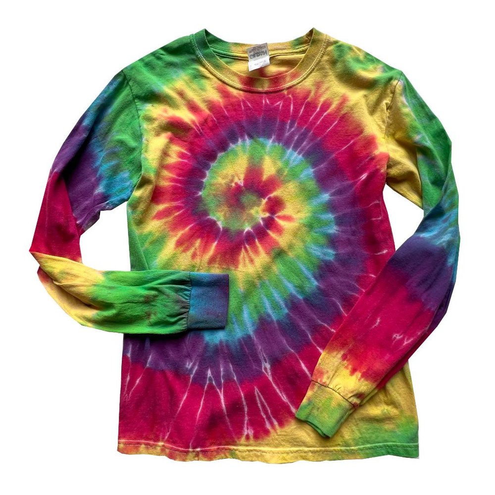 Multicolor Tie Dye Crewneck Long Sleeve Cotton T-Shirt, Size S, Gildan Heavy Wt.